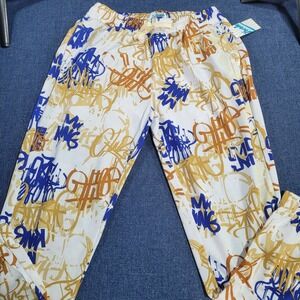Fresh Prints of Bel Air Graffiti Print Jogger Pants White Blue Gold Large NWT
